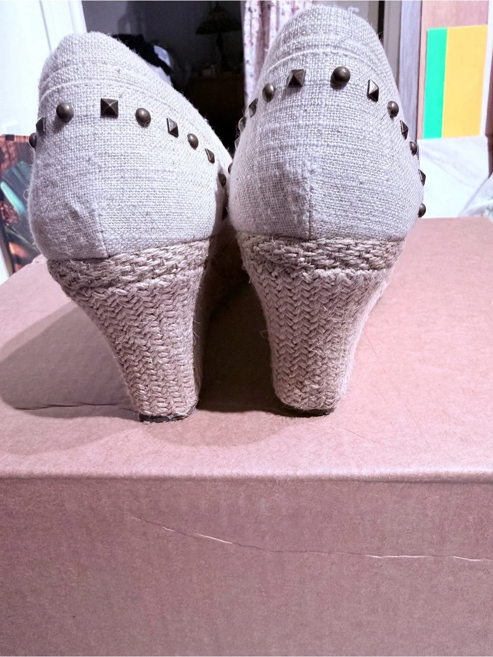 Skechers Cali Salty Natural Linen Peep Toe Studded Wedges Womens Size 9